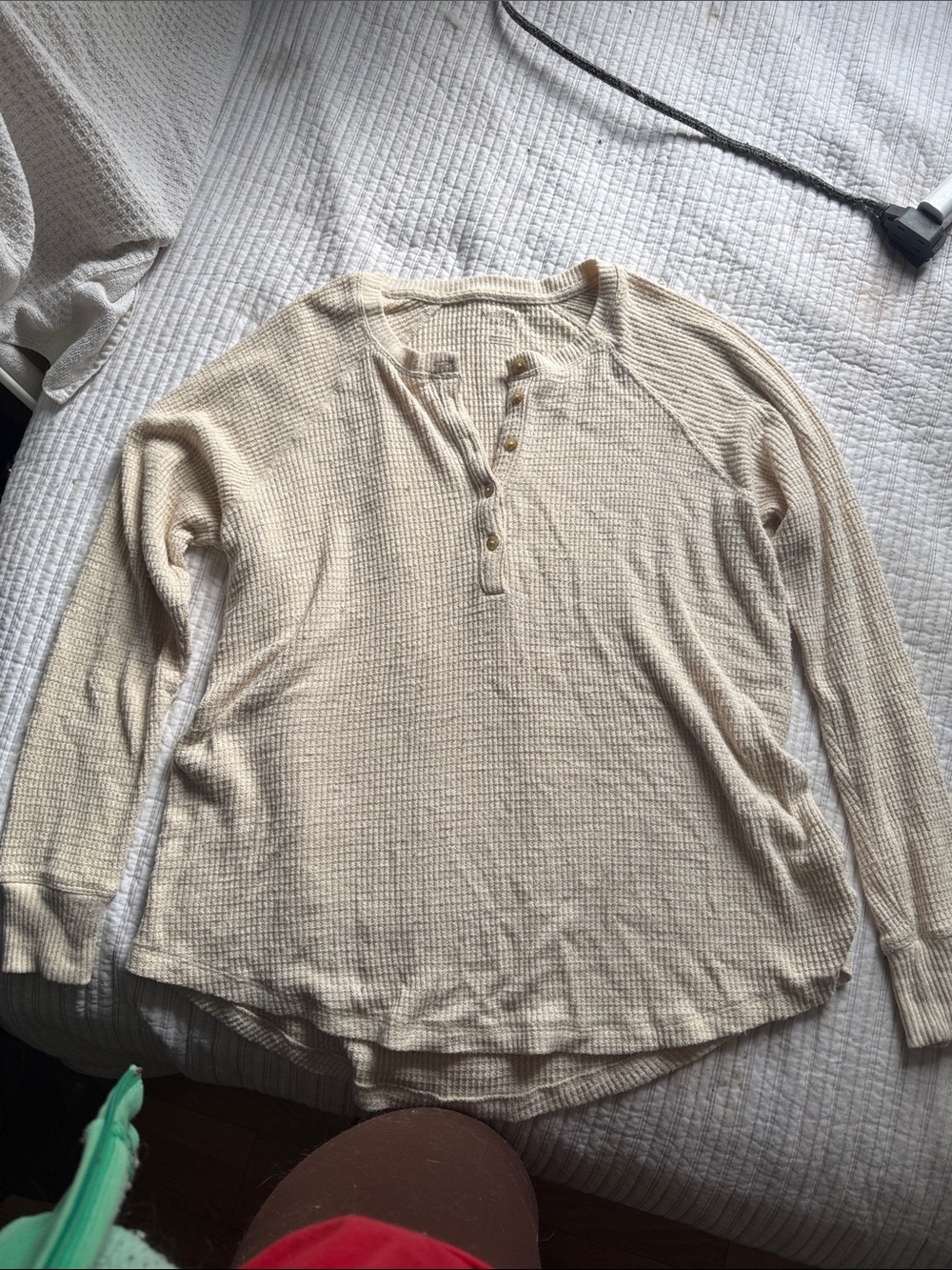American Eagle Outfitters Cream Waffle Henley Long Sleeve loose/oversize fit Top